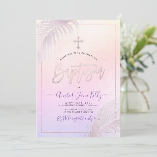 PixDezines Roze Zilveren Palmen Doop Kaart (Staand voorkant)