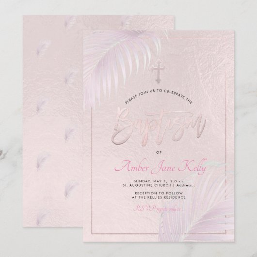 PixDezines Roze Zilveren Palmen Doop Kaart (Voorkant / Achterkant)