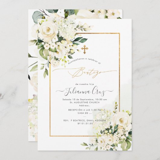 PixDezines Rozen Crème en Hortensia's Doopfeest Kaart (Voorkant / Achterkant)