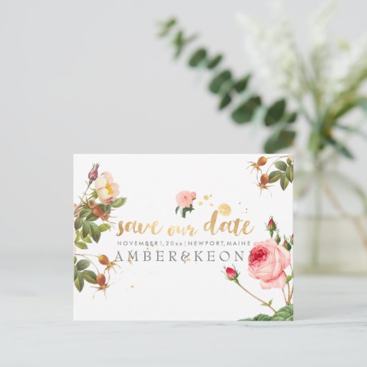PixDezines  rozen/floral/save the date Aankondigingskaart (Staand voorkant)
