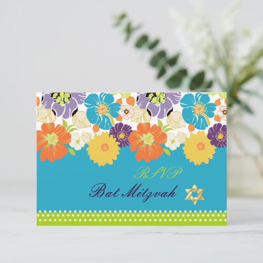 PixDezines rsvp/Alegre retro floral, Bat Mitswa RSVP Kaartje (Staand voorkant)