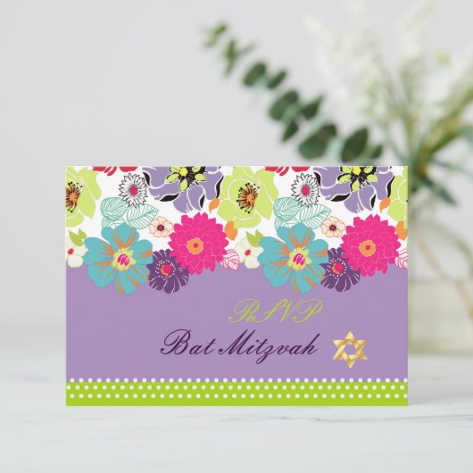 PixDezines rsvp/Alegre retro floral, Bat Mitswa RSVP Kaartje (Staand voorkant)