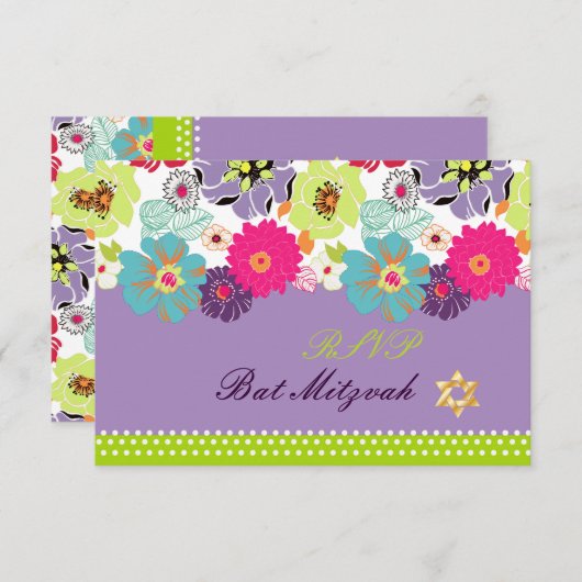 PixDezines rsvp/Alegre retro floral, Bat Mitswa RSVP Kaartje (Voorkant / Achterkant)