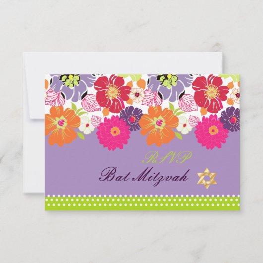 PixDezines rsvp/Alegre retro floral, Bat Mitzvah RSVP Kaartje (Voorkant)