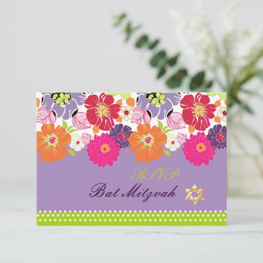 PixDezines rsvp/Alegre retro floral, Bat Mitzvah RSVP Kaartje (Staand voorkant)