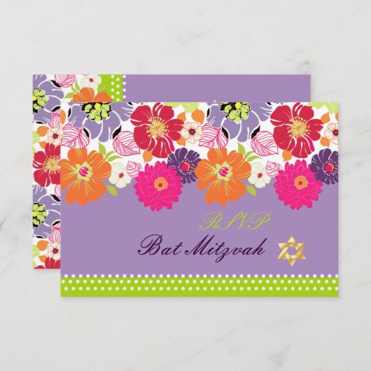 PixDezines rsvp/Alegre retro floral, Bat Mitzvah RSVP Kaartje (Voorkant / Achterkant)
