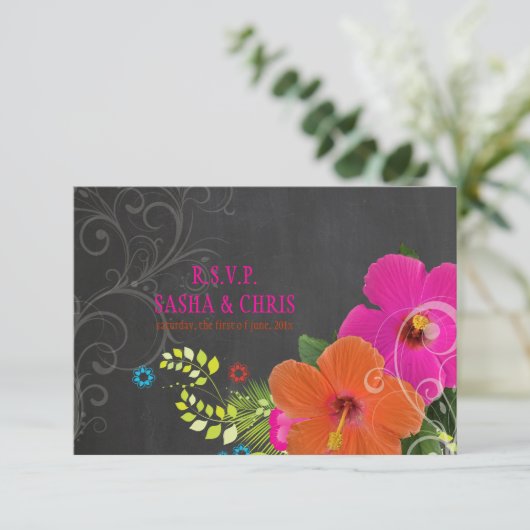 PixDezines rsvp-alkboard+hibiscus+fern RSVP Kaartje (Staand voorkant)