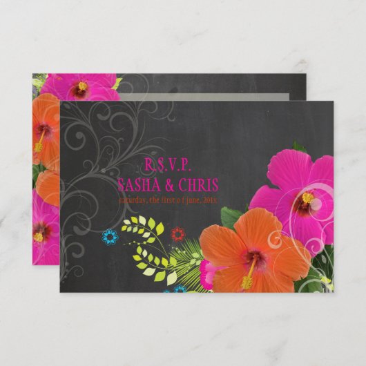 PixDezines rsvp-alkboard+hibiscus+fern RSVP Kaartje (Voorkant / Achterkant)