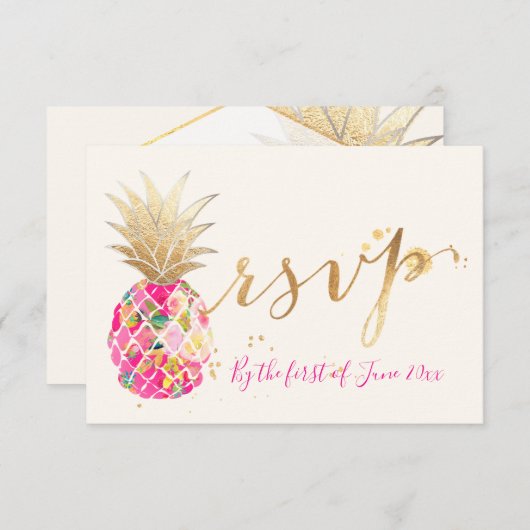 PixDezines RSVP Aloha Pink Pineapple/Gold Script (Voorkant / Achterkant)