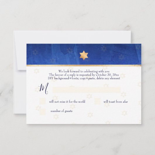 PixDezines RSVP Bar Mitzvah, Blauwe Waterverf ✡ (Achterkant)