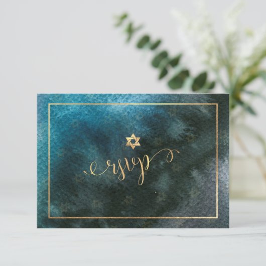 PixDezines RSVP Bar Mitzvah, Blauwgroen Waterverf  (Staand voorkant)