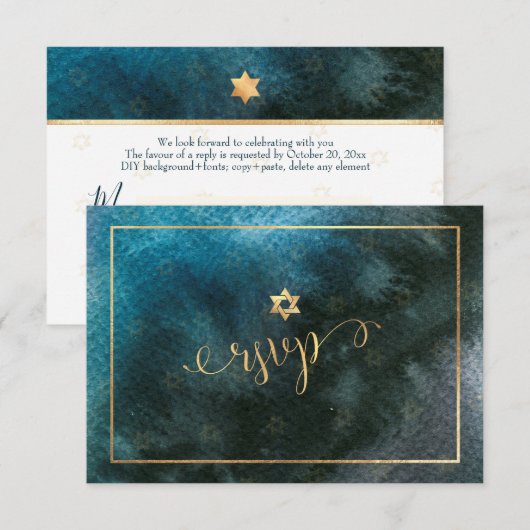 PixDezines RSVP Bar Mitzvah, Blauwgroen Waterverf  (Voorkant / Achterkant)