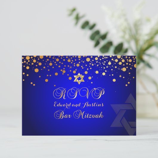 PixDezines RSVP, BAR MITZVAH+GOLD CONFETTI RSVP Kaartje (Staand voorkant)