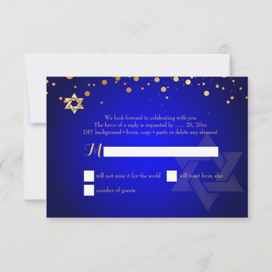 PixDezines RSVP, BAR MITZVAH+GOLD CONFETTI RSVP Kaartje (Achterkant)