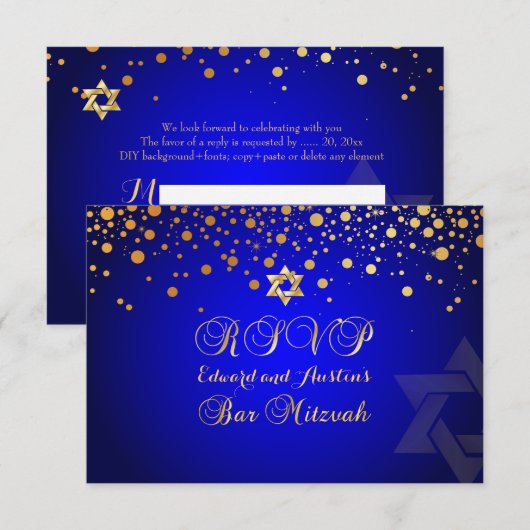 PixDezines RSVP, BAR MITZVAH+GOLD CONFETTI RSVP Kaartje (Voorkant / Achterkant)