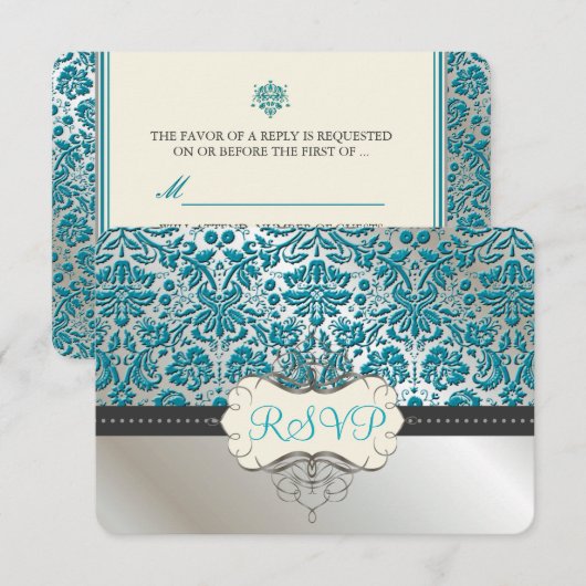 PixDezines rsvp/Baroque faux folielace/blauwgroen RSVP Kaartje (Voorkant / Achterkant)