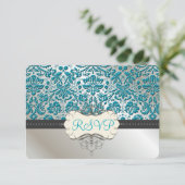 PixDezines rsvp/Baroque faux folielace/blauwgroen RSVP Kaartje (Staand voorkant)