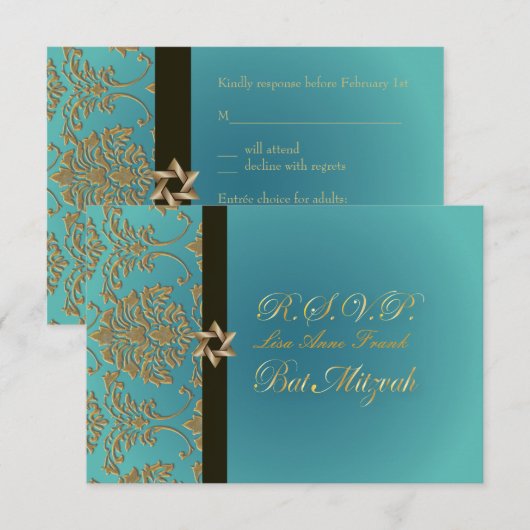 PixDezines rsvp bat mitzvah+faux Gold damask (Voorkant / Achterkant)