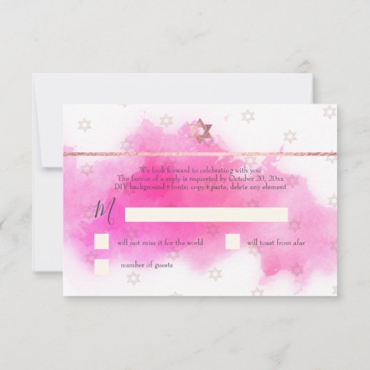 PixDezines RSVP Bat Mitzvah, Roze Waterverf ✡ (Achterkant)