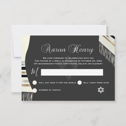 PixDezines RSVP Black White Tallit Mitswa Kaart (Achterkant)