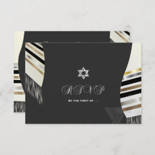 PixDezines RSVP Black White Tallit Mitzvah  Kaart