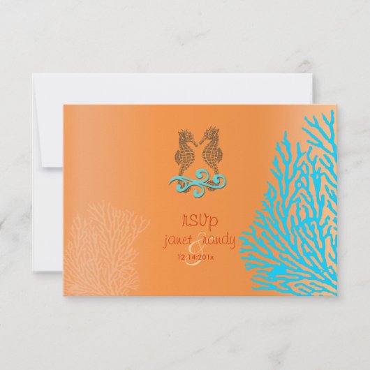 PixDezines rsvp Blue Coral+Seahorse, strandpartij Kaartje (Voorkant)