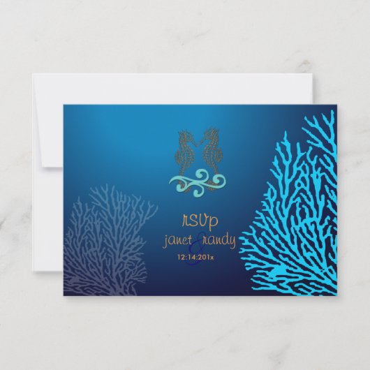 PixDezines rsvp Blue Coral+Seahorse, strandpartij Kaartje (Voorkant)