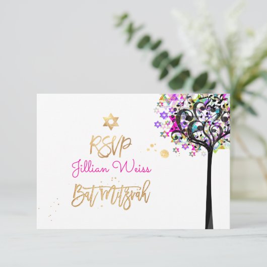 PixDezines RSVP Boom des Levens Muziek Bat Mitzvah Kaart (Staand voorkant)
