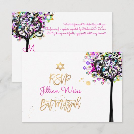 PixDezines RSVP Boom des Levens Muziek Bat Mitzvah Kaart (Voorkant / Achterkant)