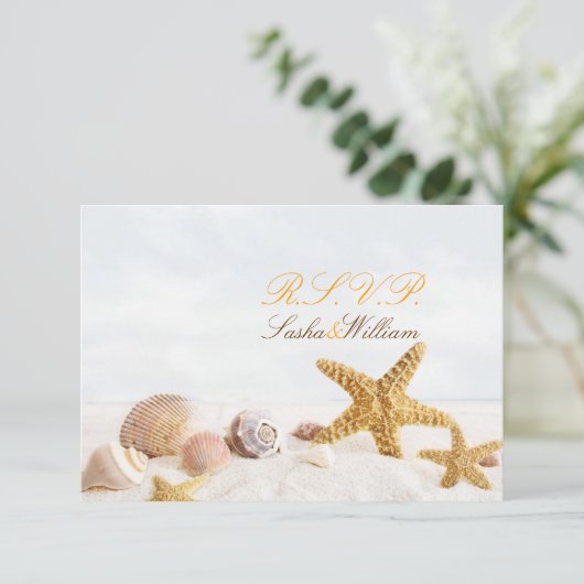 PixDezines RSVP, DANCING STARFISH/SEASHELL RSVP Kaartje (Staand voorkant)