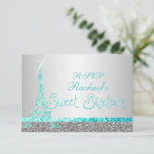 PixDezines rsvp faux glitter eiffel/zoete zestien Kaartje (Staand voorkant)