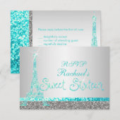 PixDezines rsvp faux glitter eiffel/zoete zestien Kaartje (Voorkant / Achterkant)