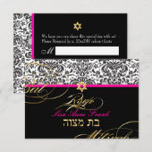 PixDezines rsvp Fidora Damask, Bat Mitzvah Kaartje (Voorkant / Achterkant)