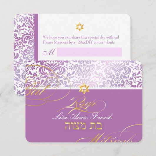 PixDezines rsvp Fidora Damask, Bat Mitzvah Kaartje (Voorkant / Achterkant)