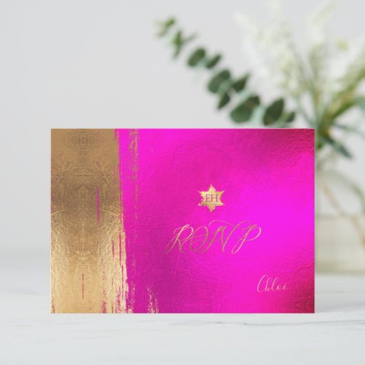 PixDezines RSVP Hot+Flashy Pink Mitzvah ✡ Kaartje (Staand voorkant)