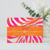PixDezines rsvp Hot Pink+Oranje Zebra, Bat Mitzvah (Staand voorkant)