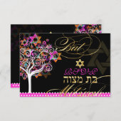 PixDezines rsvp levensboom/sterren, Bat Mitswa Kaart (Voorkant / Achterkant)