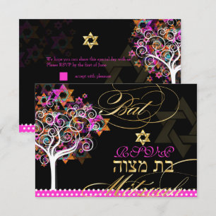 PixDezines rsvp levensboom/sterren, Bat Mitswa Kaart