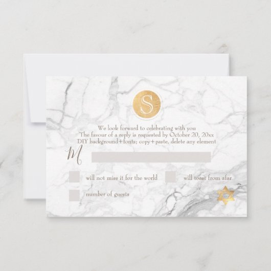 PixDezines RSVP Marble+Faux Gold Bar Mitzvah ✡ Kaartje (Achterkant)