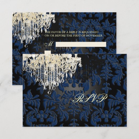PixDezines rsvp Midnight Blue+black/Chandelier Kaartje (Voorkant / Achterkant)