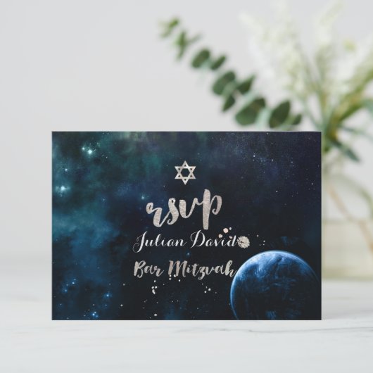 PixDezines RSVP Midnight Sky Bar Mitzvah ✡ Kaartje (Staand voorkant)