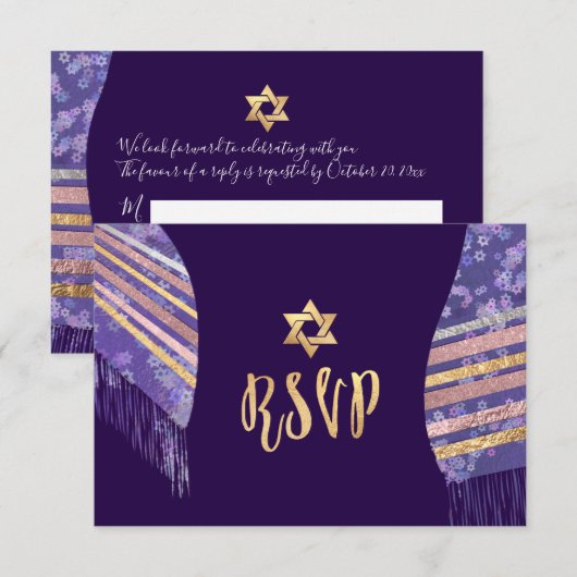 PixDezines rsvp mitzvah/Paars Tallit Kaart (Voorkant / Achterkant)