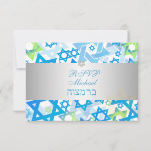PixDezines rsvp mod sterren/bar mitzvah/blue/zilve