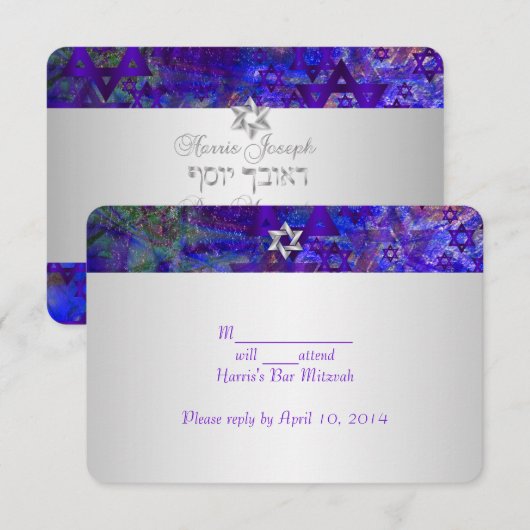 PixDezines rsvp/mod sterren/Mitzvah/violet/zilver RSVP Kaartje (Voorkant / Achterkant)