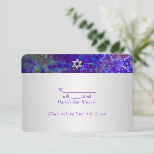 PixDezines rsvp/mod sterren/Mitzvah/violet/zilver RSVP Kaartje (Staand voorkant)