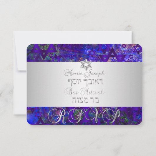 PixDezines rsvp/mod sterren/Mitzvah/violet/zilver RSVP Kaartje (Achterkant)