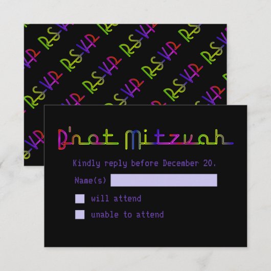 PixDezines RSVP Neon Sign B'not Mitzvah Kaartje (Voorkant / Achterkant)