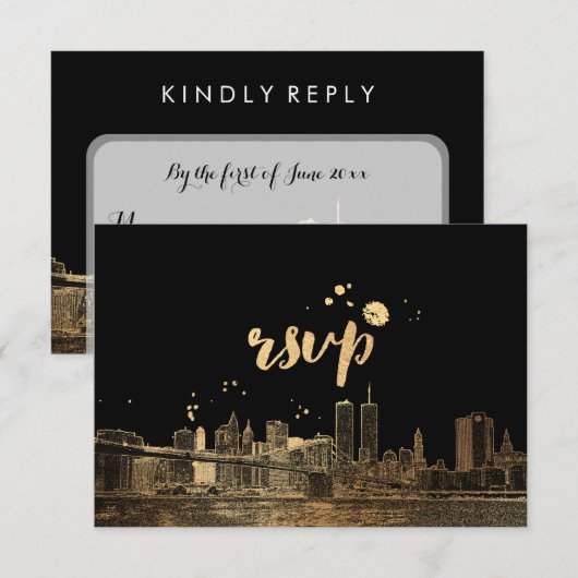 PixDezines RSVP NYC Skyline/Faux Gold Kaartje (Voorkant / Achterkant)