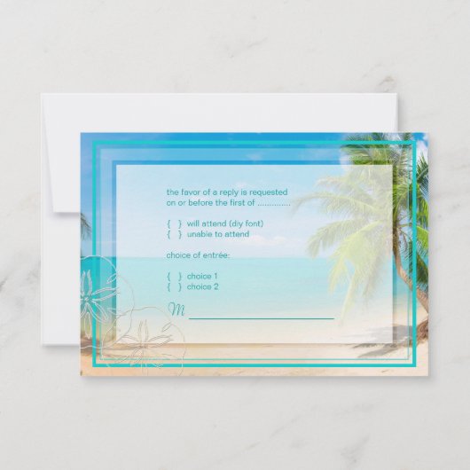 PixDezines rsvp paradise/Tropical+strand+palm bome Kaartje (Achterkant)