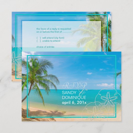 PixDezines rsvp paradise/Tropical+strand+palm bome Kaartje (Voorkant / Achterkant)